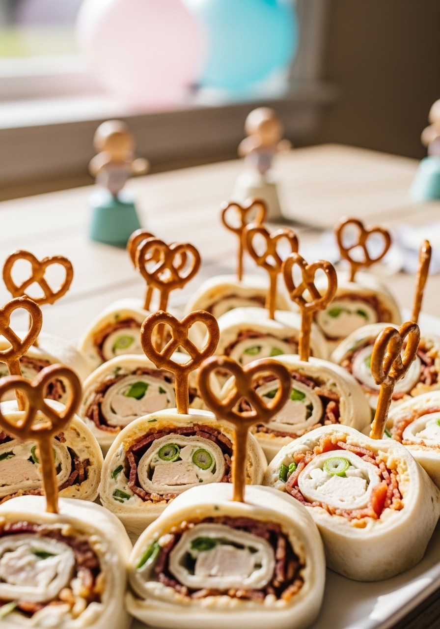 A platter of chicken bacon ranch pinwheels, each with a pretzel stick inserted in the side for an easy-to-grab baby shower appetizer.