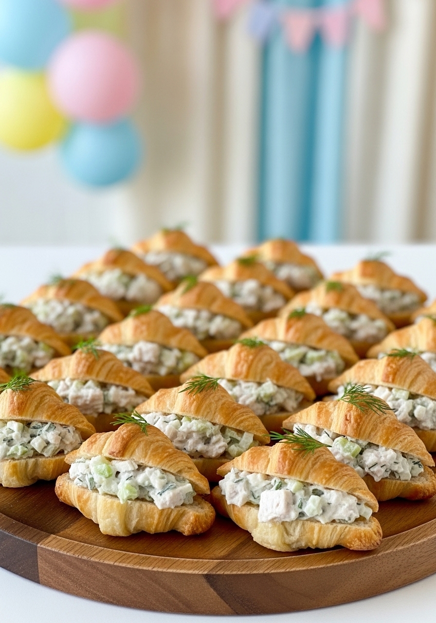 Creamy chicken salad served in adorable mini croissants makes the perfect finger food for a baby shower brunch.