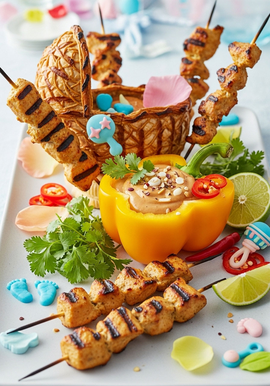 Grilled chicken satay skewers served with peanut sauce creatively presented in a hollowed-out yellow bell pepper bowl for a baby shower.