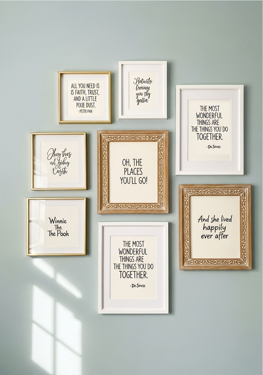 Framed children's book quotes wall display with beautiful typography, inspirational literary art for baby shower and nursery decor