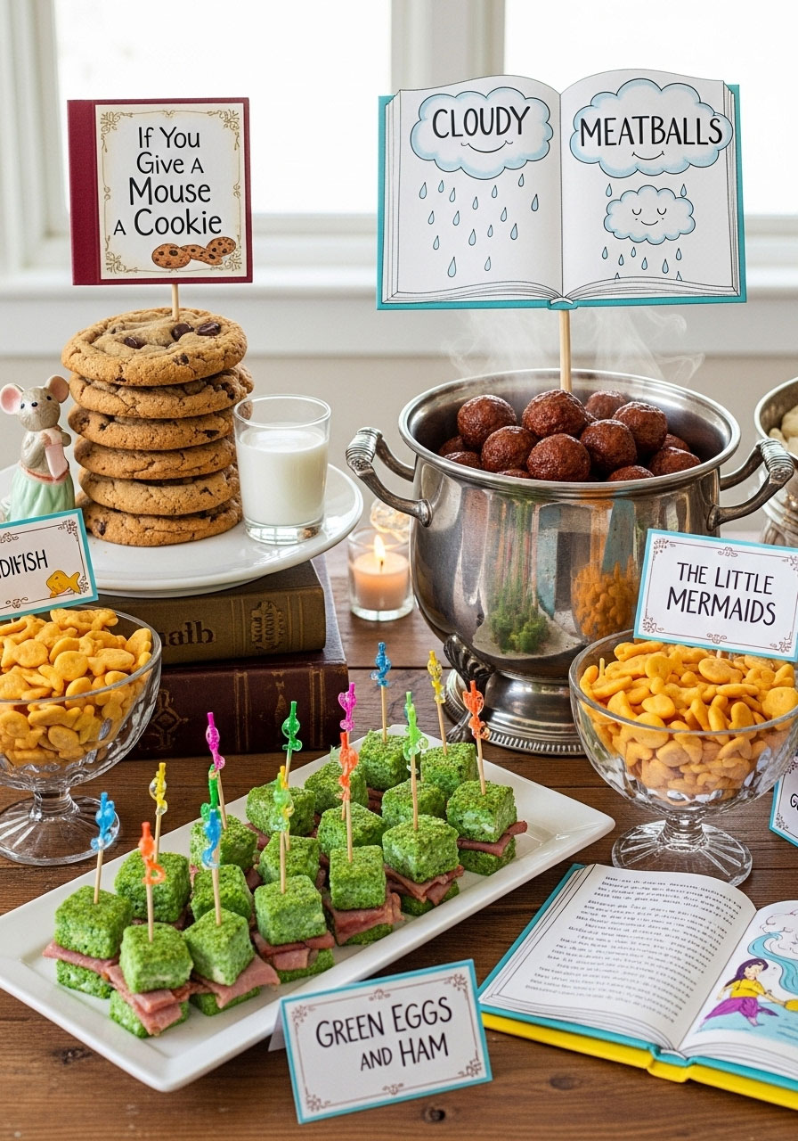 Creative storybook-inspired food station with literary themed snacks like milk and cookies, green eggs and ham for book-themed baby shower