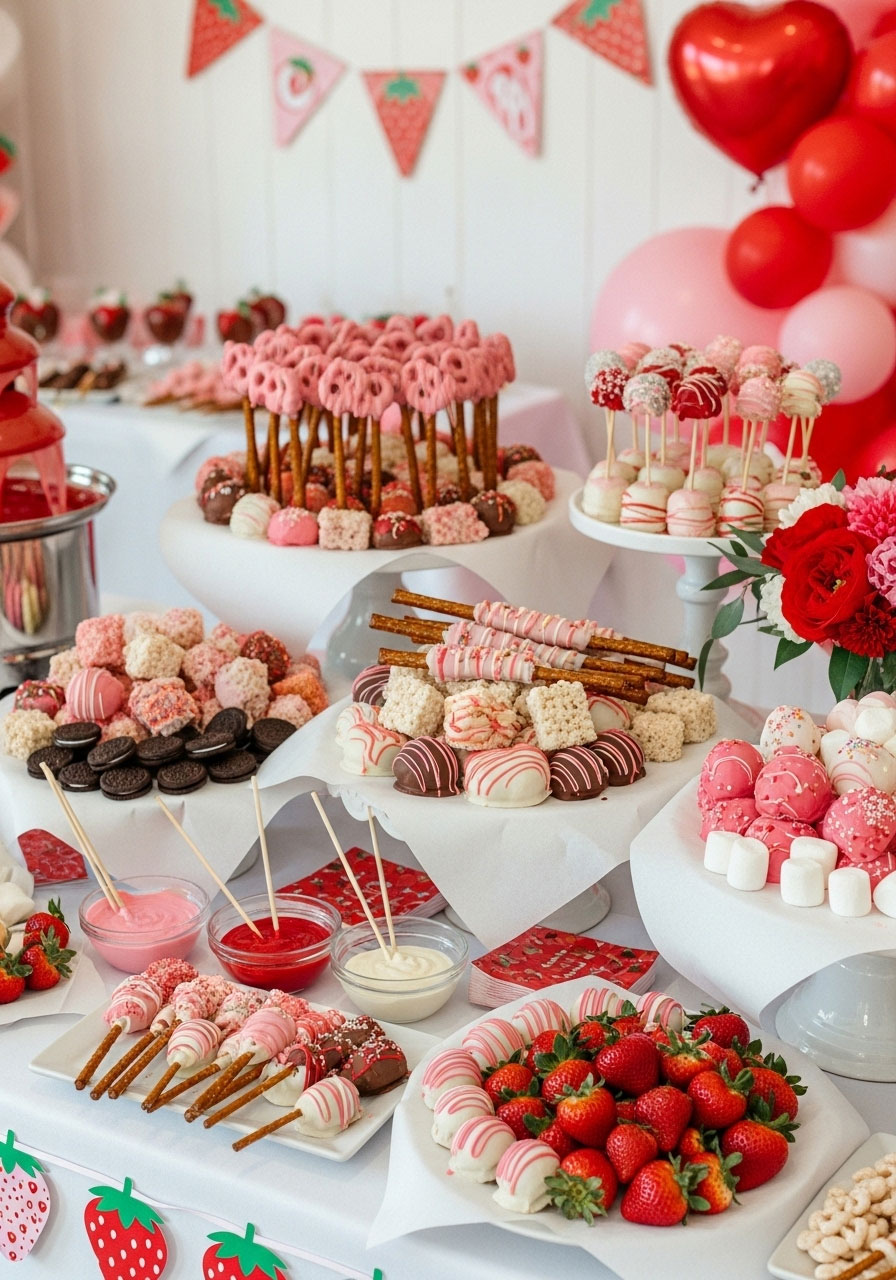 Interactive chocolate-dipped dessert station with strawberries, pretzels, and treats in pink and red chocolate for baby shower
