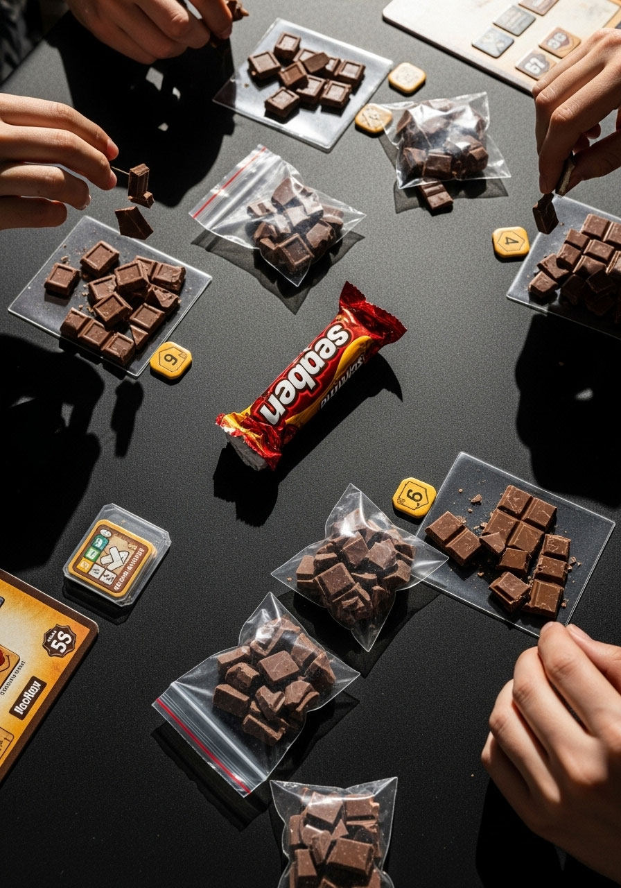 Collected chocolate bar pieces in front of players during the Christmas candy bar party game