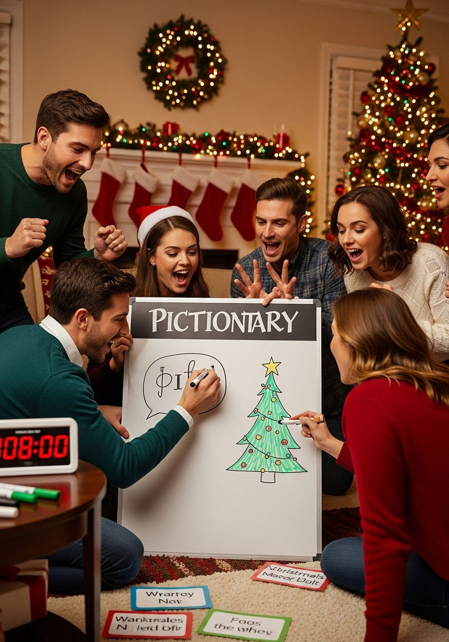 Christmas baby shower carol pictionary game with guests drawing holiday songs while teammates guess in festive team competition