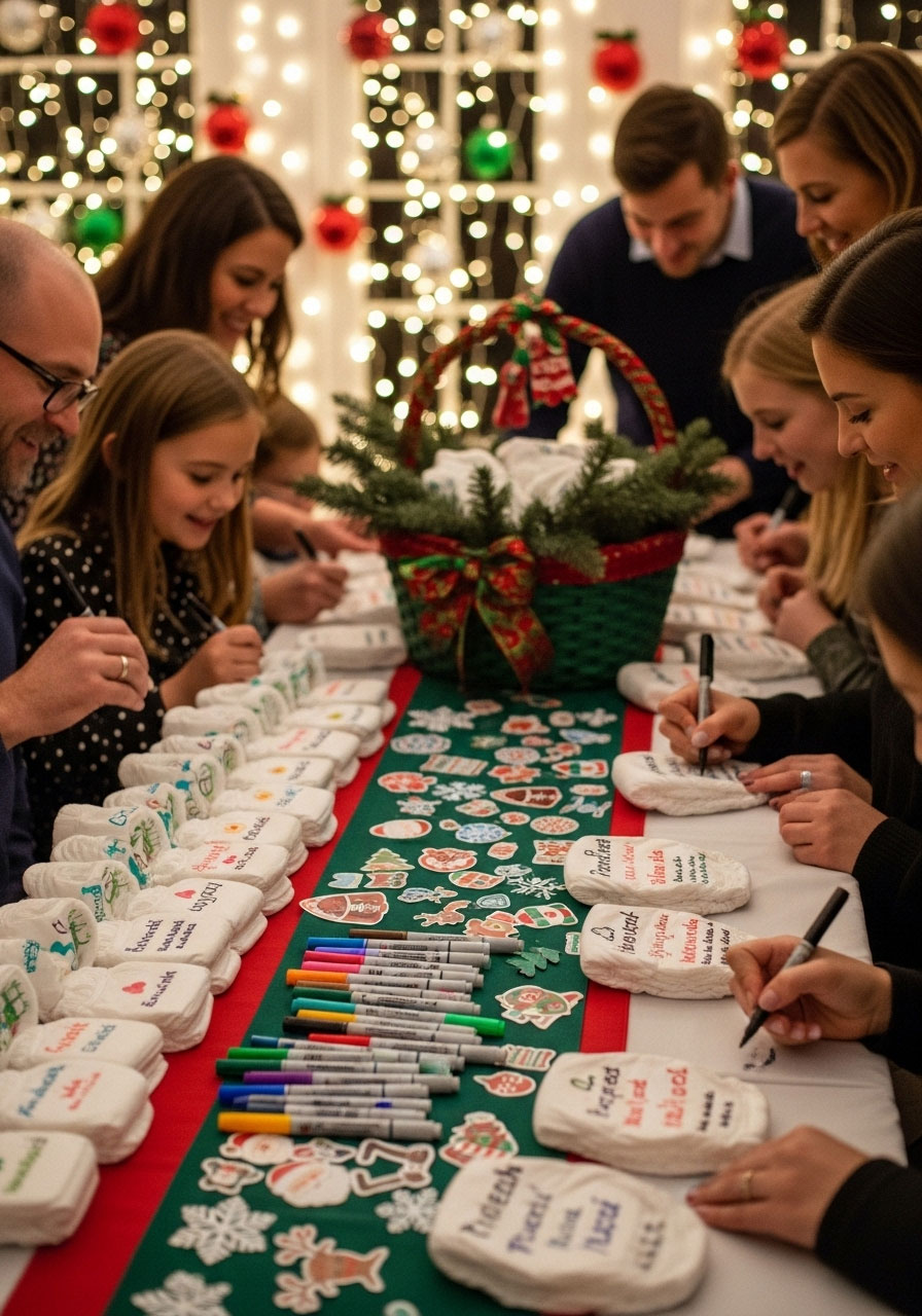 Christmas baby shower diaper message station with guests writing holiday wishes and advice on diapers for keepsake memories