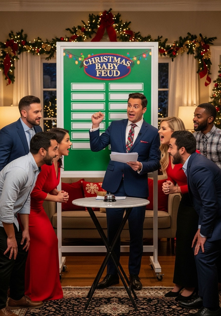 Christmas baby shower family feud game with two teams competing and scoreboard showing holiday baby themed survey questions