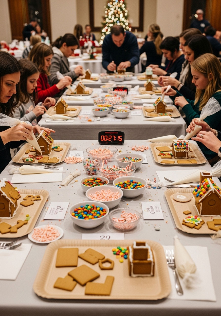 Christmas baby shower gingerbread house building competition with guests decorating mini houses with candy and icing