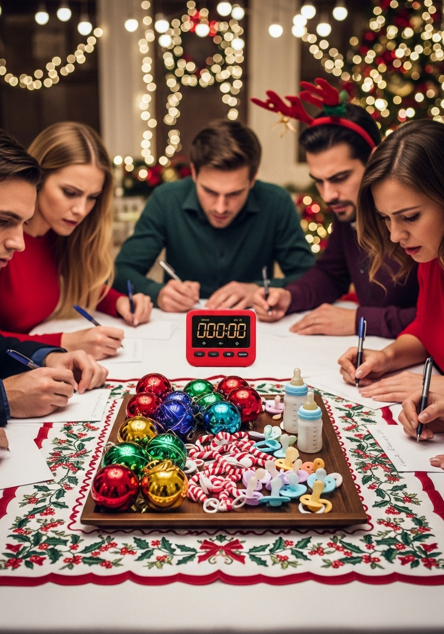 Christmas baby shower mistletoe memory challenge game with tray of holiday and baby items for guests to memorize and recall