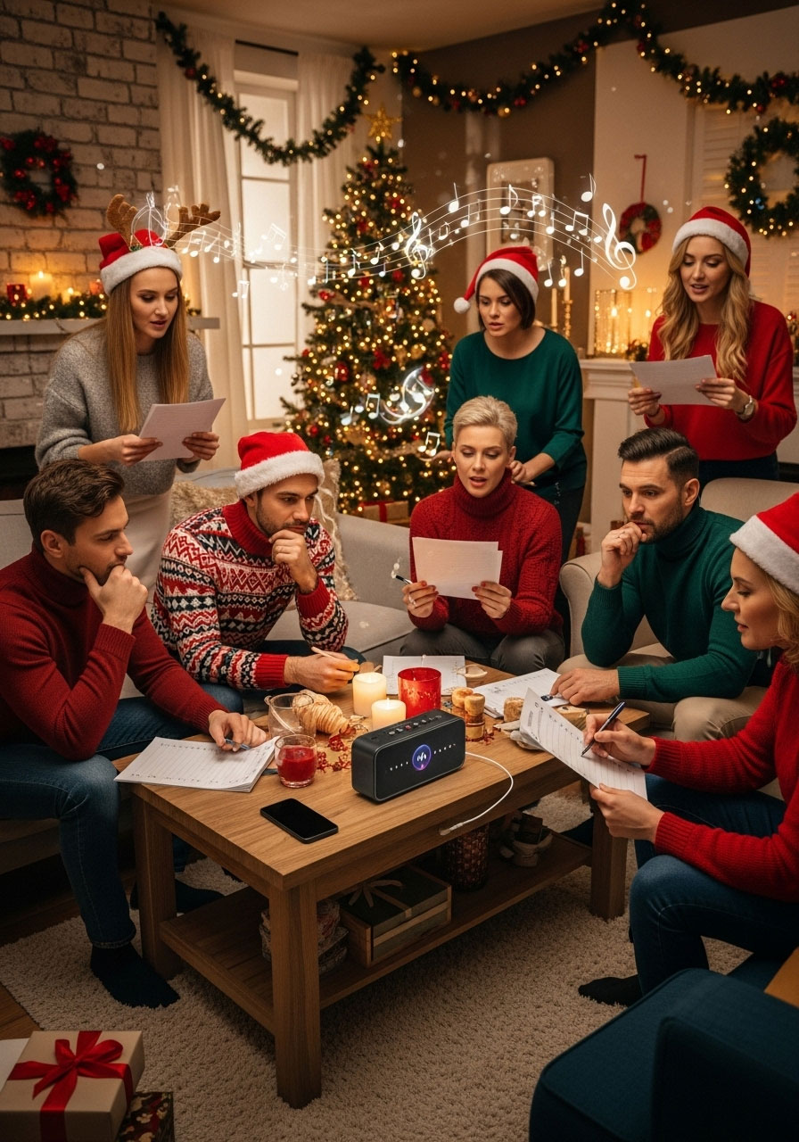 Christmas baby shower guests playing name that tune game with holiday music and lullabies in teams with answer sheets
