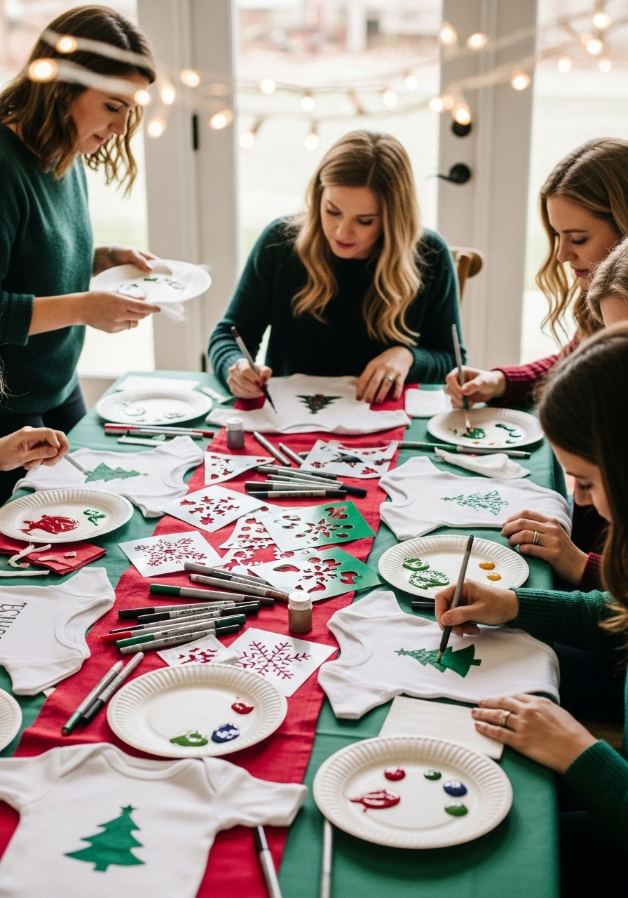 Christmas baby shower guests decorating white onesies with festive holiday designs using fabric markers and paint at a decorated craft table