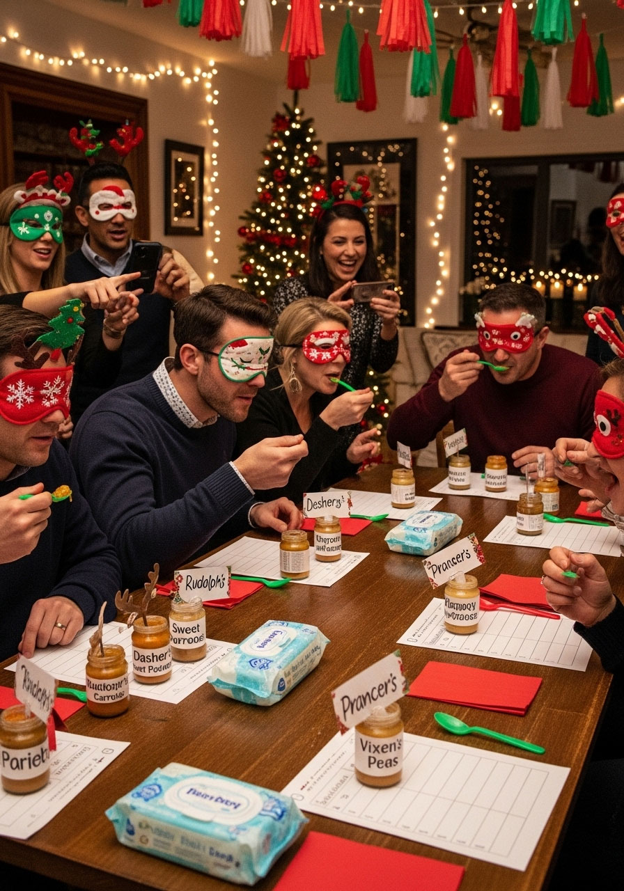 Christmas baby shower reindeer baby food taste test game with blindfolded guests identifying holiday themed baby food flavors