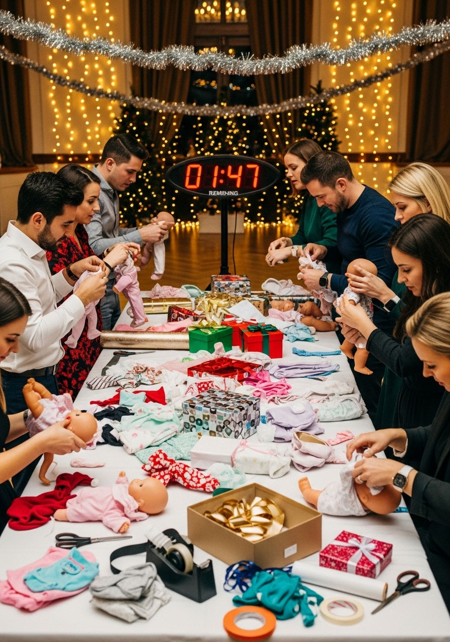 Christmas baby shower Santa's workshop relay race with teams dressing baby dolls and wrapping presents in competitive team activity