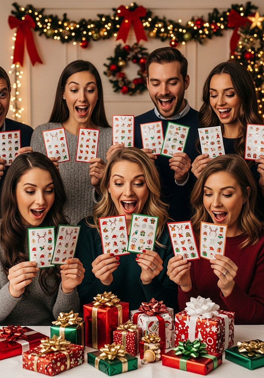 Winter wonderland Christmas baby shower scratch-off game cards with holiday symbols and guests revealing winning prizes
