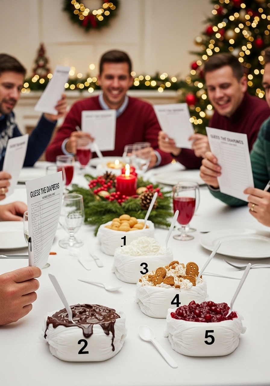 Festive dirty diaper baby shower game with numbered diapers filled with Christmas foods for guests to identify and guess