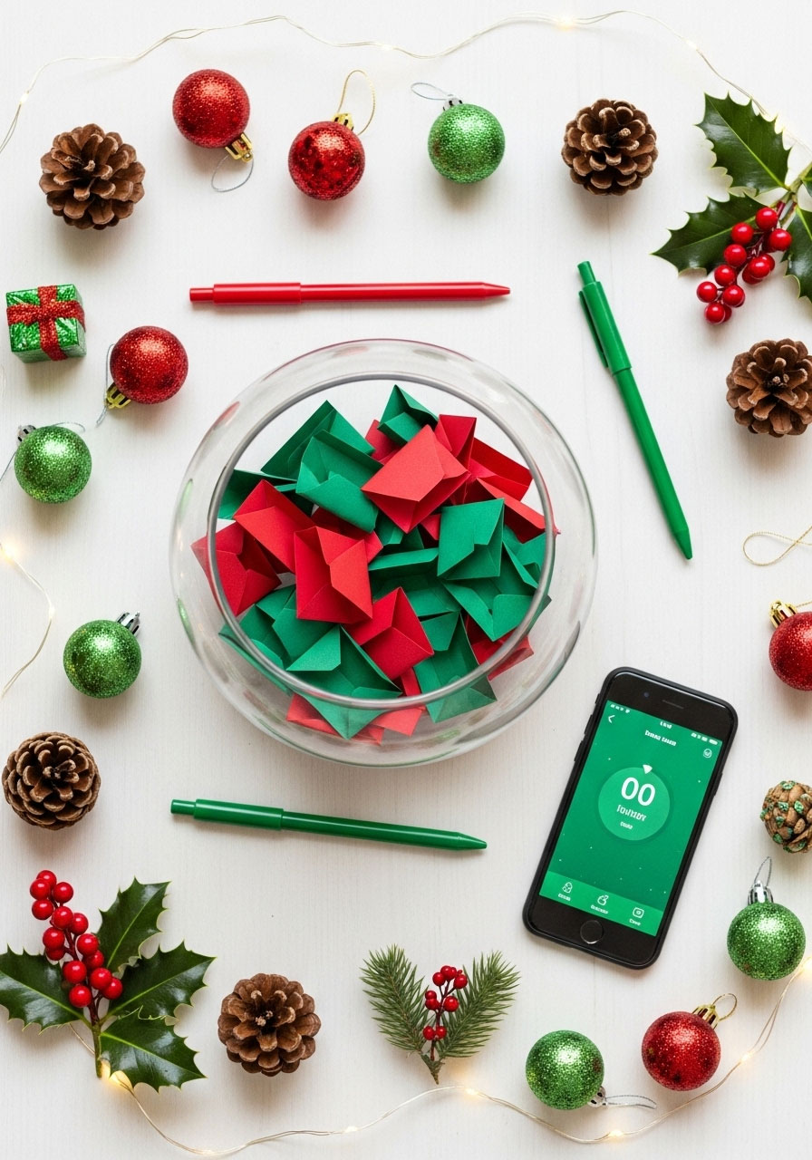 All supplies needed to play Christmas Fish Bowl game including bowl, paper, pens and timer laid out on festive table