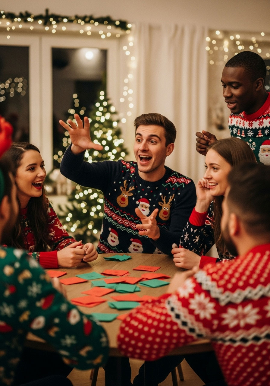 Players demonstrating Round 1 of Christmas Fish Bowl game where one person describes holiday words to their team