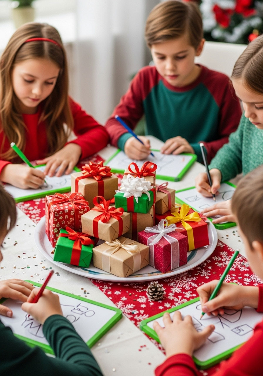 Kids playing Christmas present memory game studying wrapped gifts at holiday party