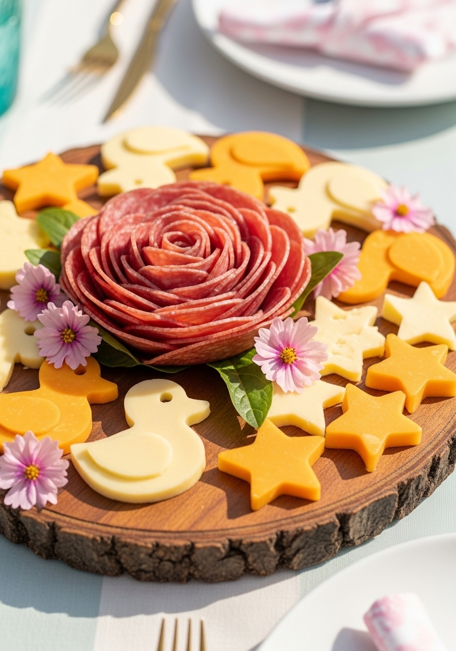 A rustic wooden charcuterie board decorated for a baby shower with a salami rose and cheese cut into baby duck and star shapes.