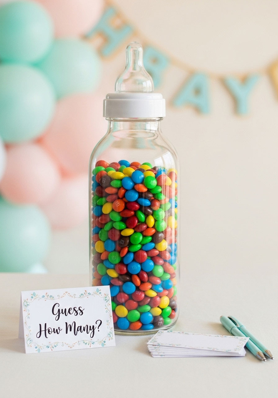 A large baby bottle filled with Hershey's Kisses for the classic baby shower guessing jar game.
