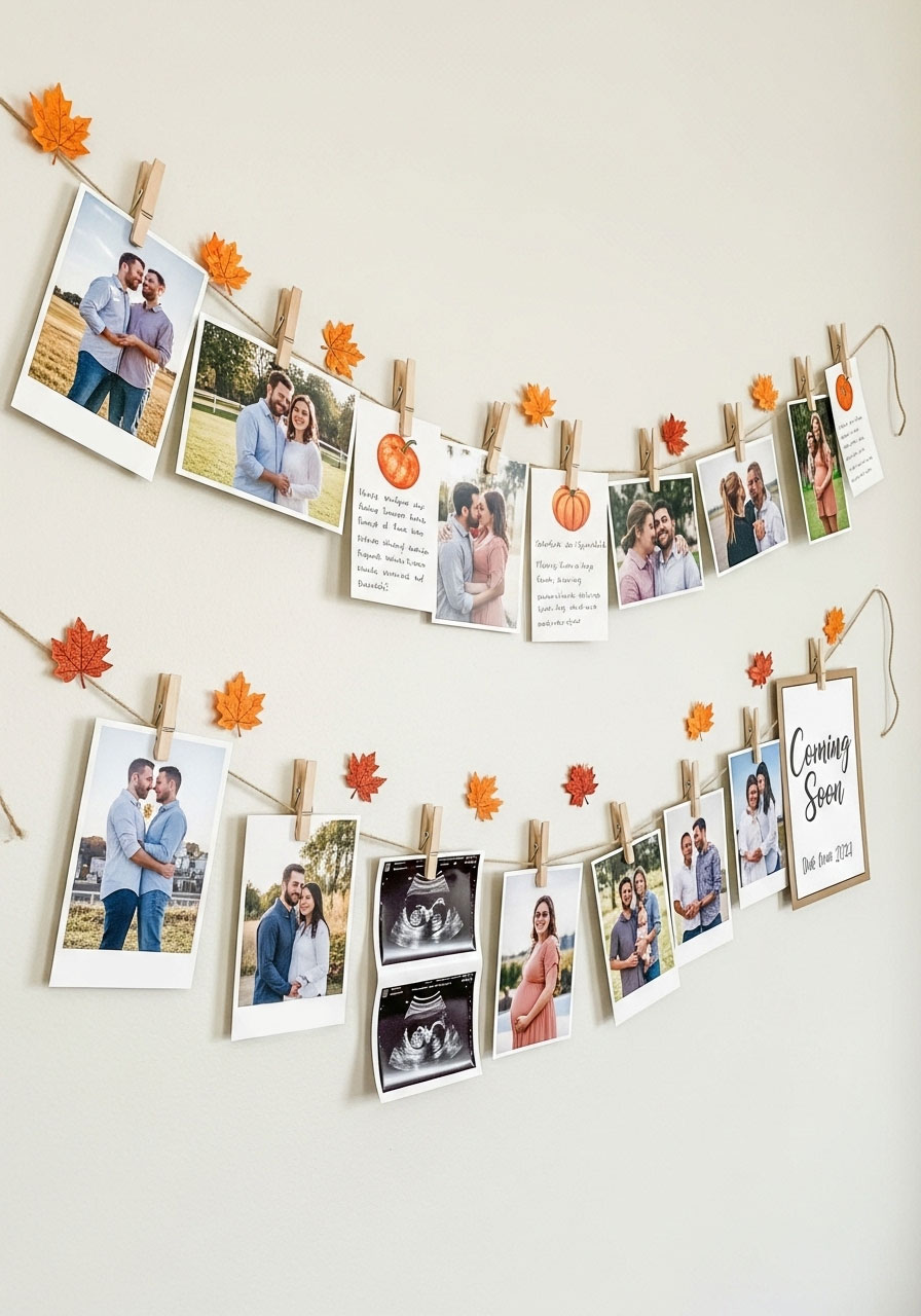 Heartwarming fall baby shower photo timeline with twine, clothespins, and photos from dating to pregnancy, decorated with leaves