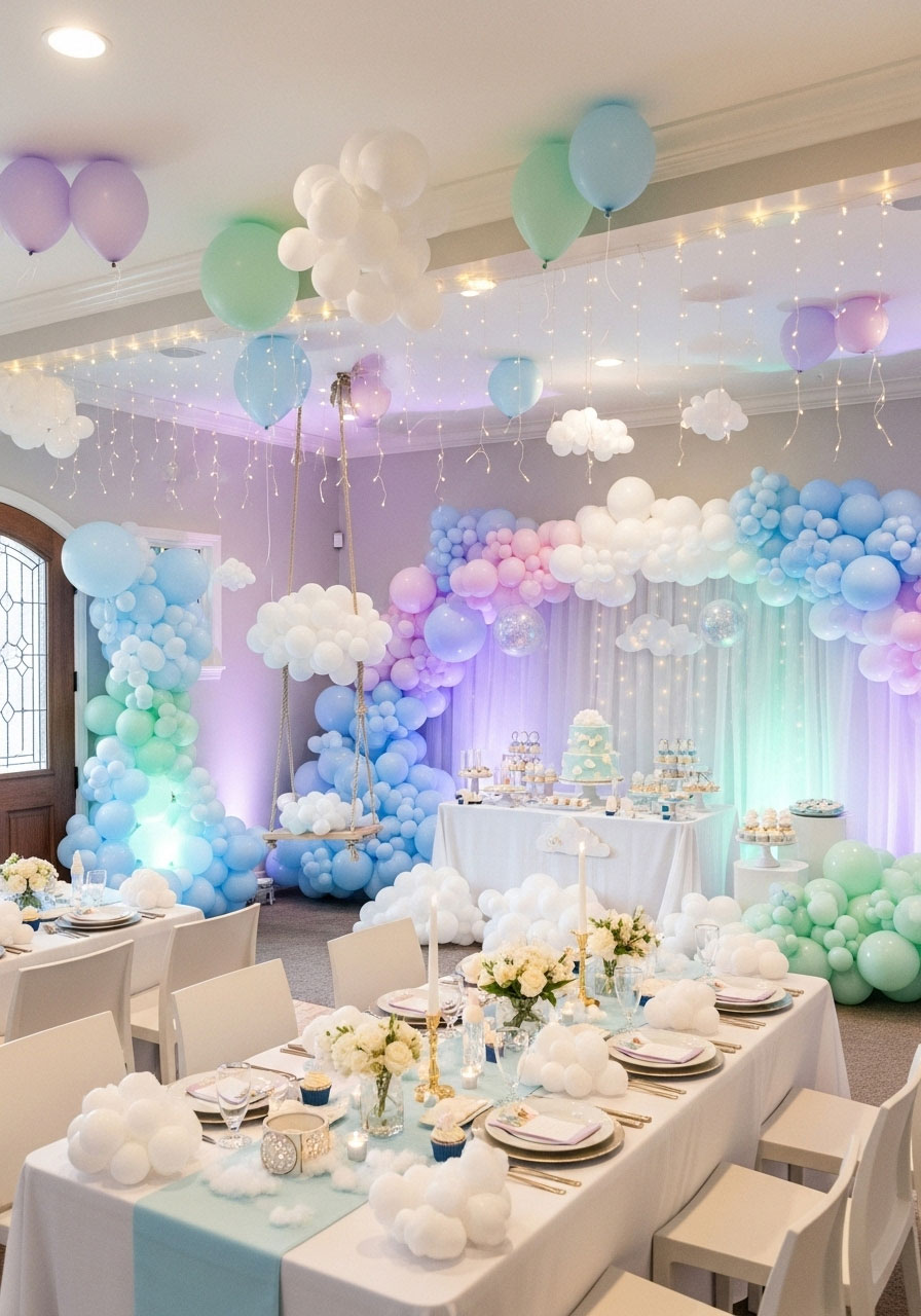 Ethereal we're on cloud 9 gender neutral shower with fluffy white clouds, pastel balloons, and soft lighting for dreamy float