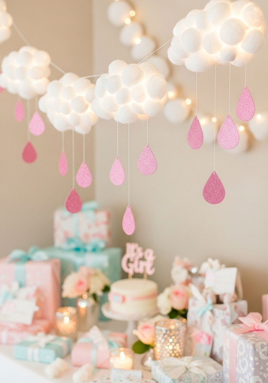 Cotton ball clouds with pink glitter raindrops hanging over a gift table for a baby girl shower.