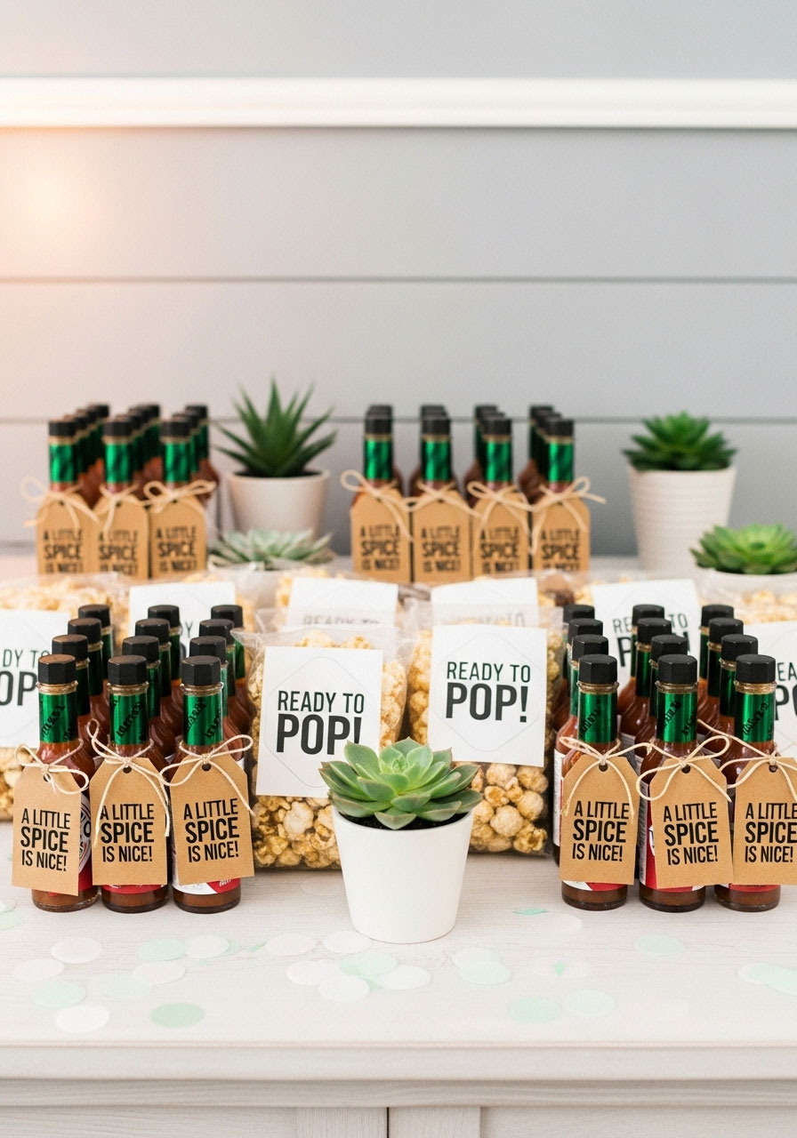 A beautifully arranged table of gender-neutral baby shower favors, including mini hot sauce bottles and gourmet popcorn bags.