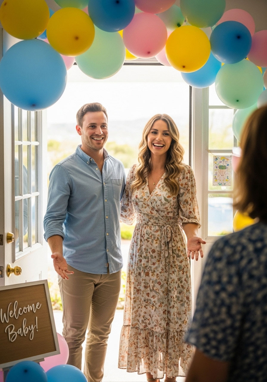 A friendly male and female host couple smiling and welcoming guests at the front door of a coed baby shower.