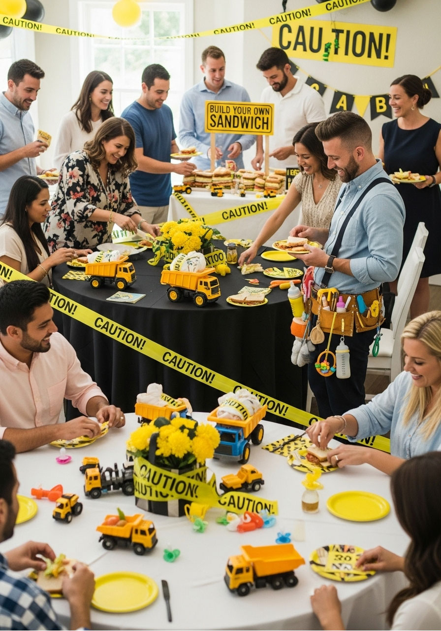 A playful construction-themed coed baby shower with yellow and black decor, hard hats, and a "Build Your Own Sandwich" station.