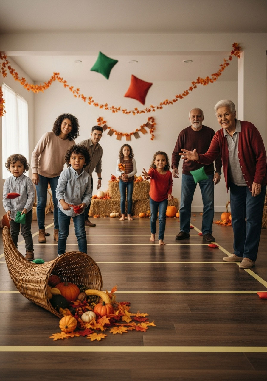 Cornucopia Toss game with family tossing items into festive basket for points