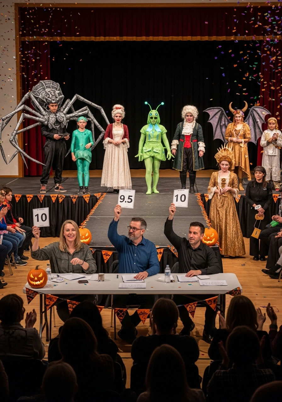 Halloween costume contest carnival game with participants showcasing creative costumes on runway for judges and audience