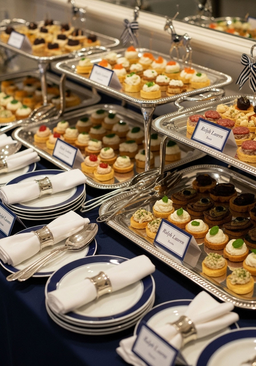 Luxurious baby shower appetizer spread on tiered silver trays with sophisticated finger foods and elegant serving pieces