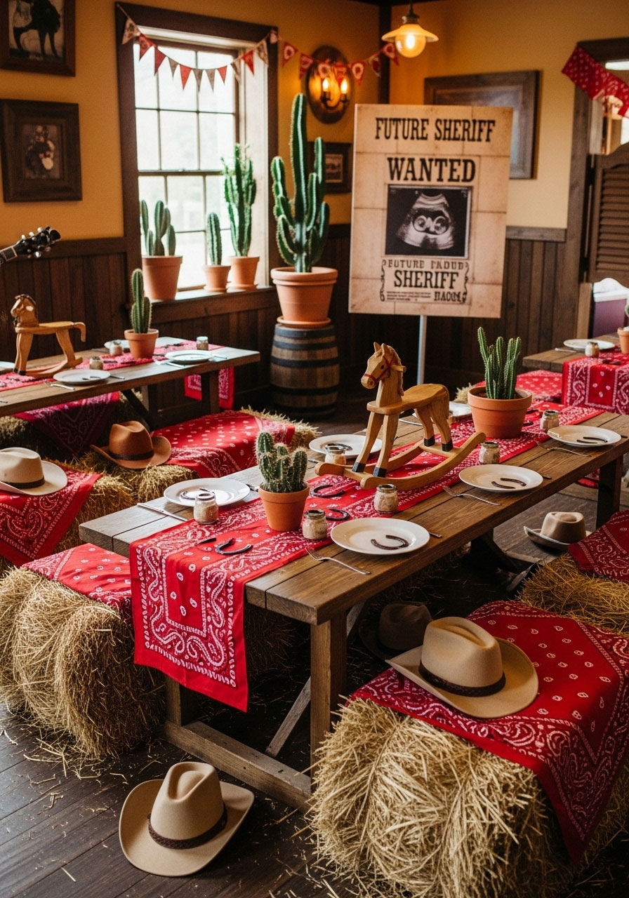 Rustic cowboy-themed baby shower with hay bales, bandana table runners, cowboy hats, and wooden rocking horse centerpiece.