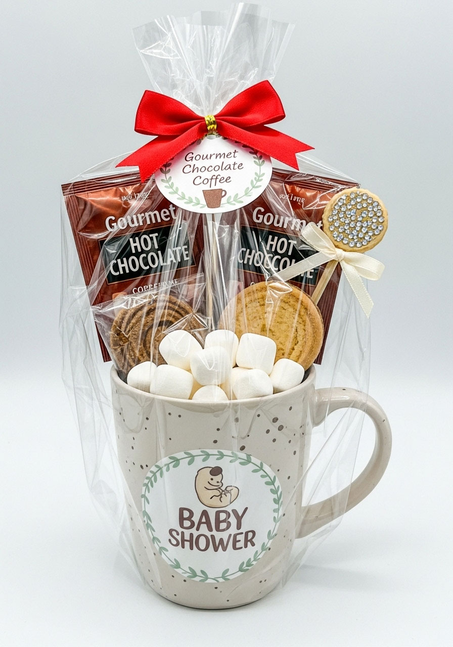 A stylish mug filled with gourmet coffee and cookies, a cozy and inviting baby shower game prize.
