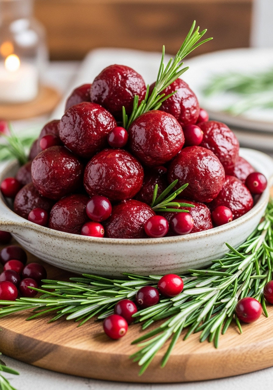 A festive bowl of cranberry meatballs surrounded by fresh cranberries and rosemary sprigs, perfect for a fall or winter baby shower.