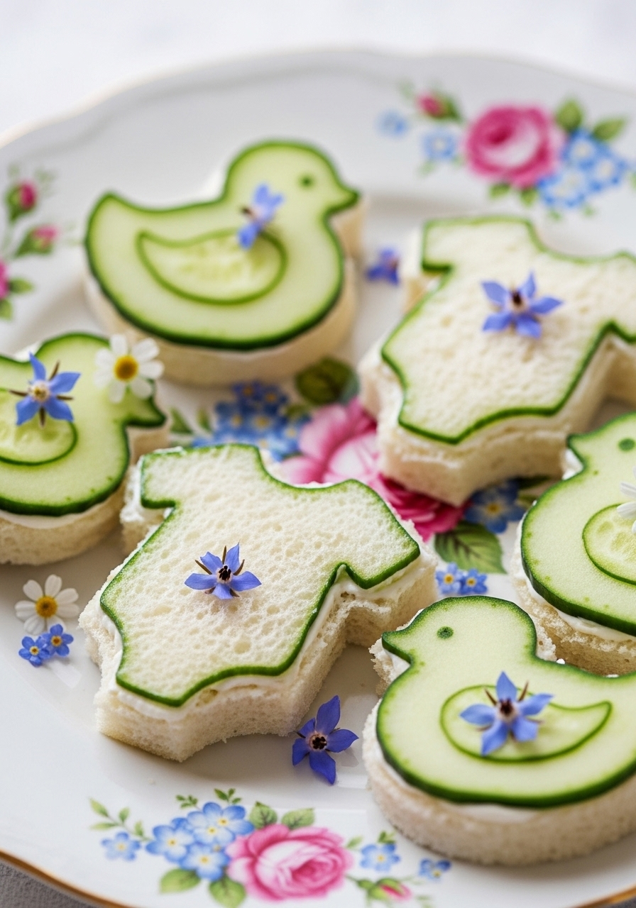 Adorable cucumber tea sandwiches cut into the shape of baby onesies and rubber ducks, served on a vintage plate for a baby shower.