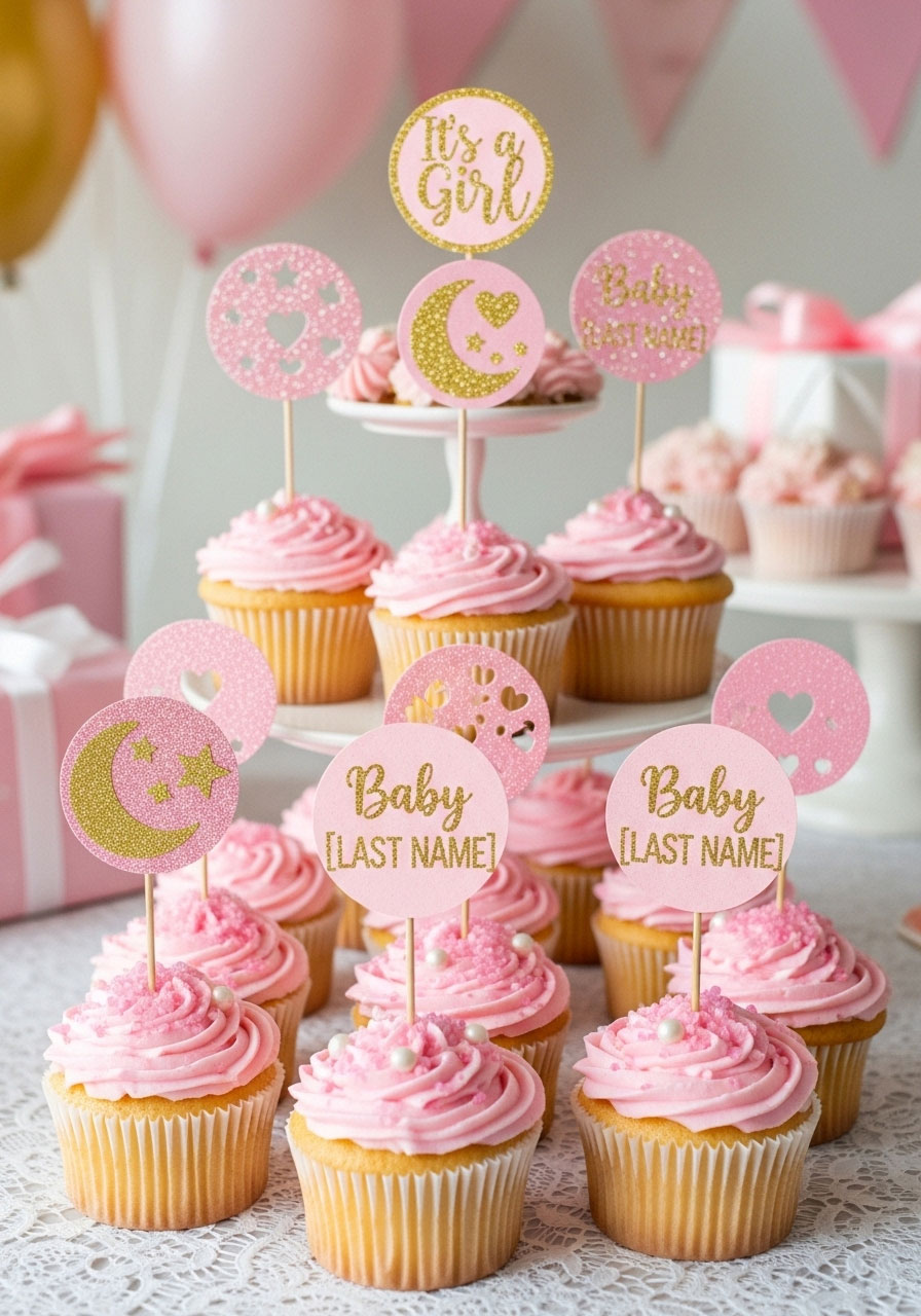 Pink and gold glitter circles on toothpicks in cupcakes for a baby girl shower dessert table.