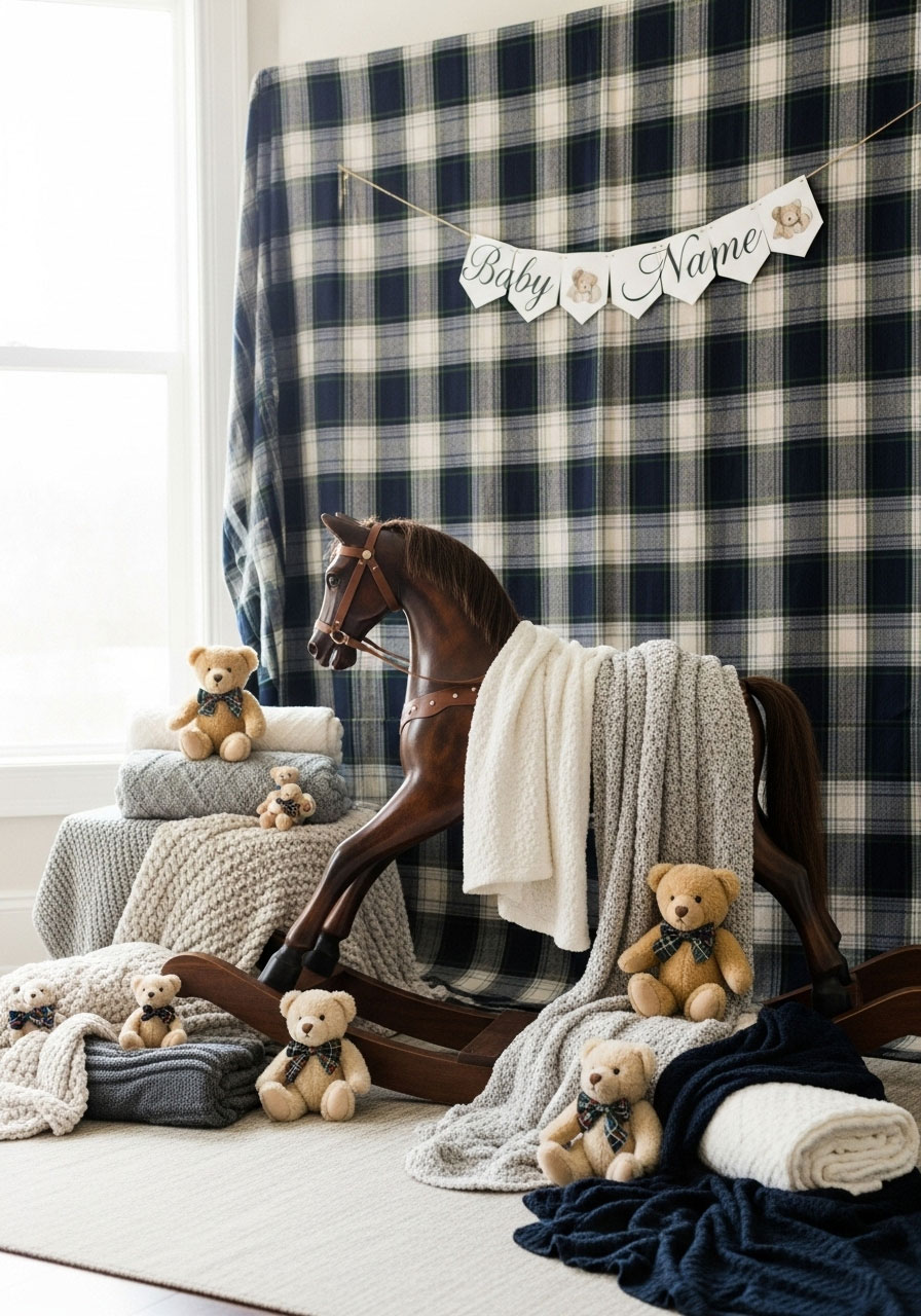 Stunning dark wood rocking horse photo opportunity setup with plaid backdrop and soft baby blankets for baby shower pictures