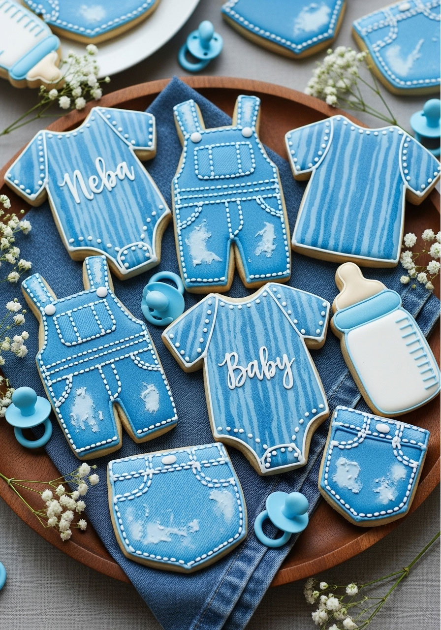 Denim textured sugar cookies in onesie and overall shapes for baby shower, blue royal icing with white stitching details, easy recipe ideas for themed treats