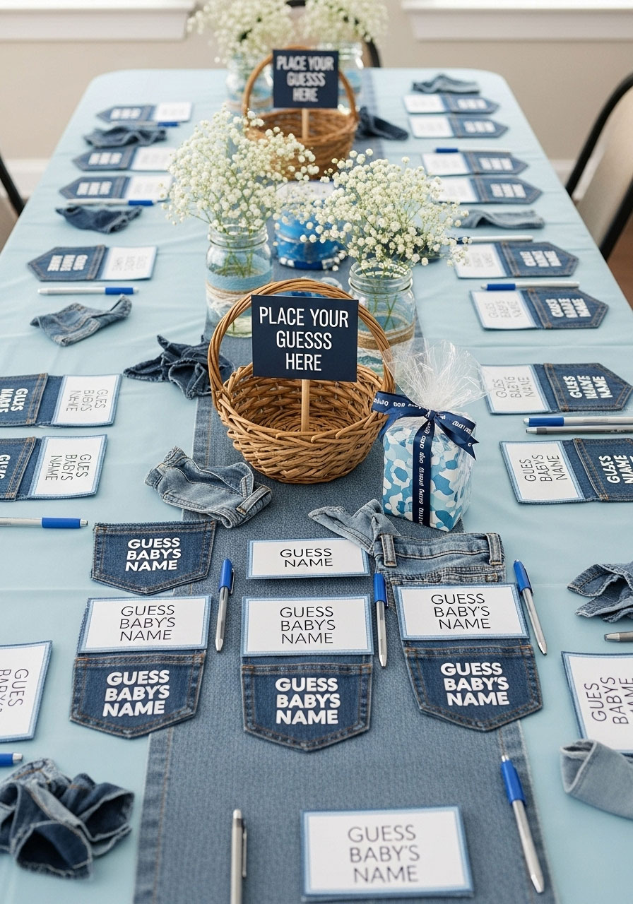 Fun denim pocket cards for baby name guessing game at blue jean shower, collection basket and prize setup, interactive party activity