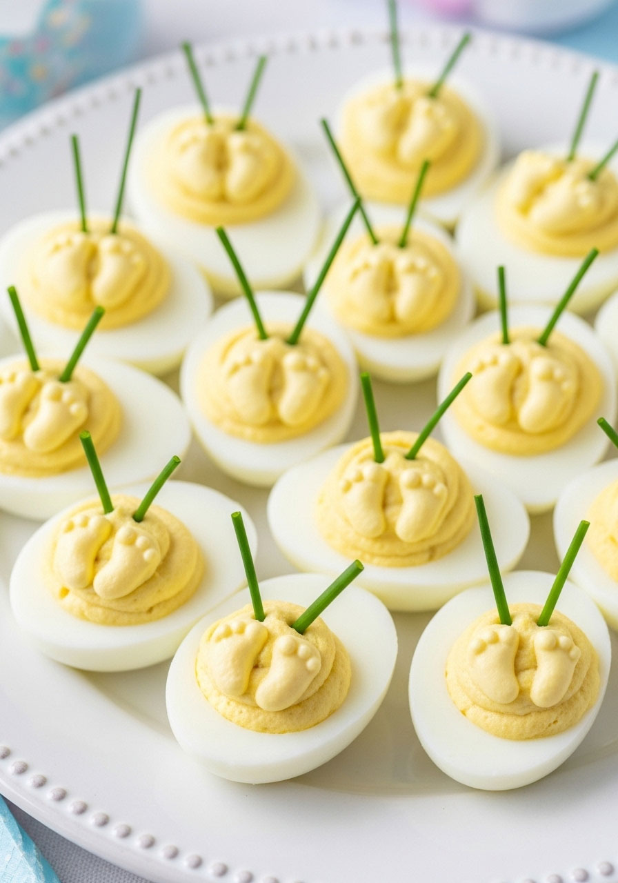 A platter of deviled eggs for a baby shower, each with a cute garnish of chives arranged to look like tiny baby feet.