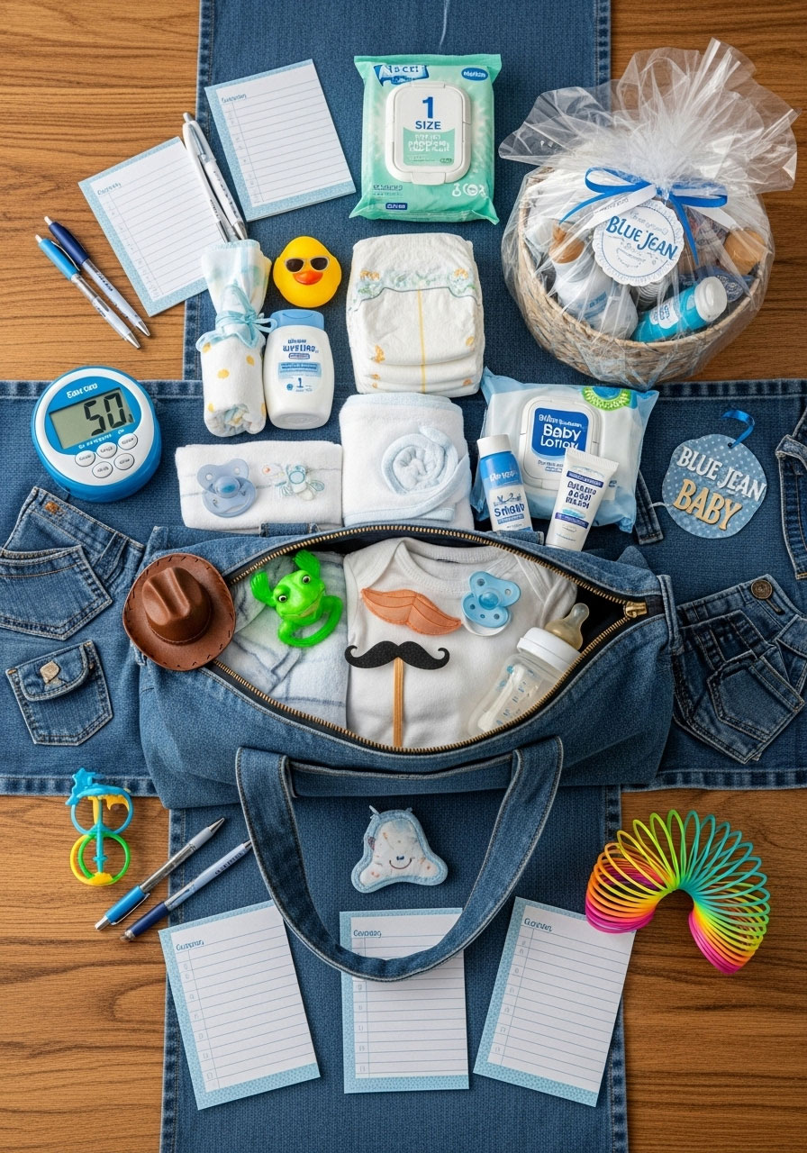 Entertaining denim tote diaper bag essentials game for blue jean baby shower, mixed real and silly items, practical parent tips
