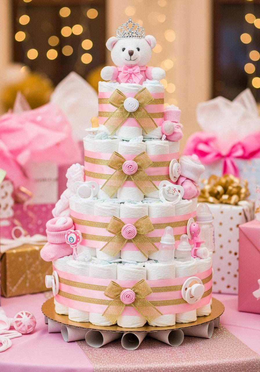 Three-tier diaper cake centerpiece for a baby girl shower, rolled diapers with pink and gold ribbons, topped with a stuffed animal tiara on a gift table.