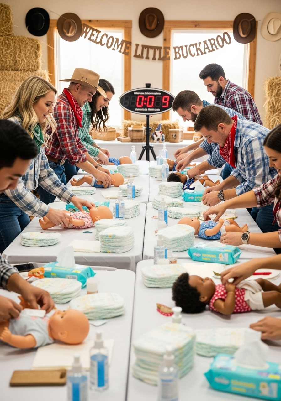 Teams competing in diaper changing race challenge using baby dolls at western themed baby shower party