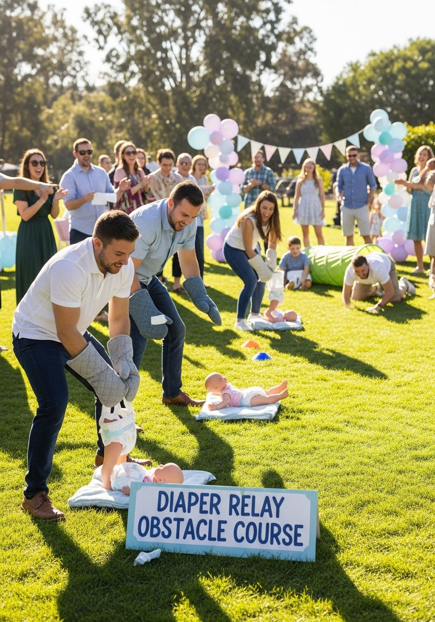 Guests laughing hysterically while watching friends compete in a chaotic diaper relay obstacle course at a coed baby shower.