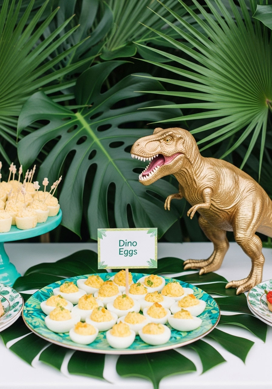 A chic dinosaur-themed baby shower with lush tropical greenery and gold-painted toy dinosaurs next to 'Dino Egg' deviled eggs.
