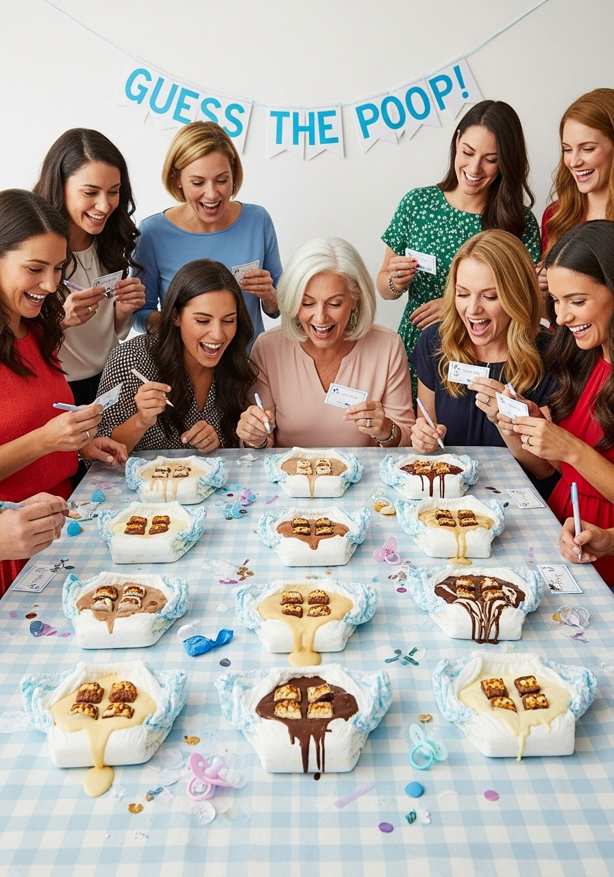 Diapers with melted chocolate bars for guests to guess at a baby girl shower.