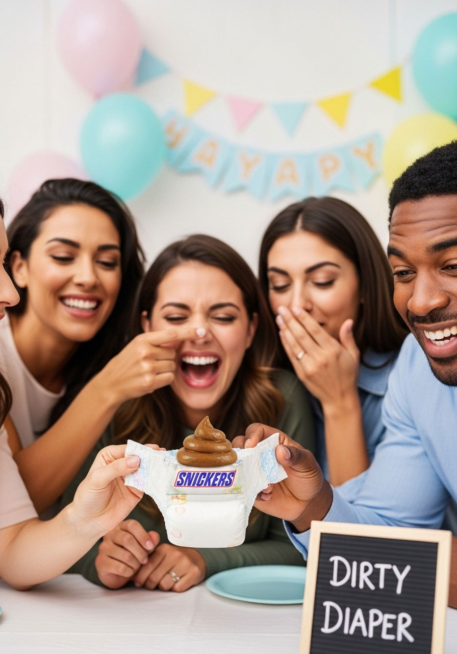 Guests laughing and reacting to guessing melted chocolate bars in a funny 'Dirty Diaper' baby shower game.