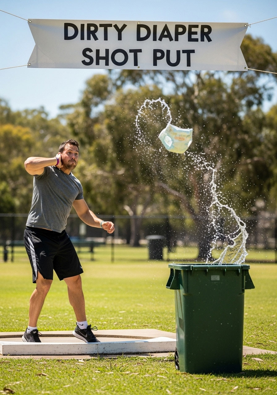 A guest tossing a water-filled diaper into a basket during the 'Dirty Diaper Shot Put,' a funny outdoor game.