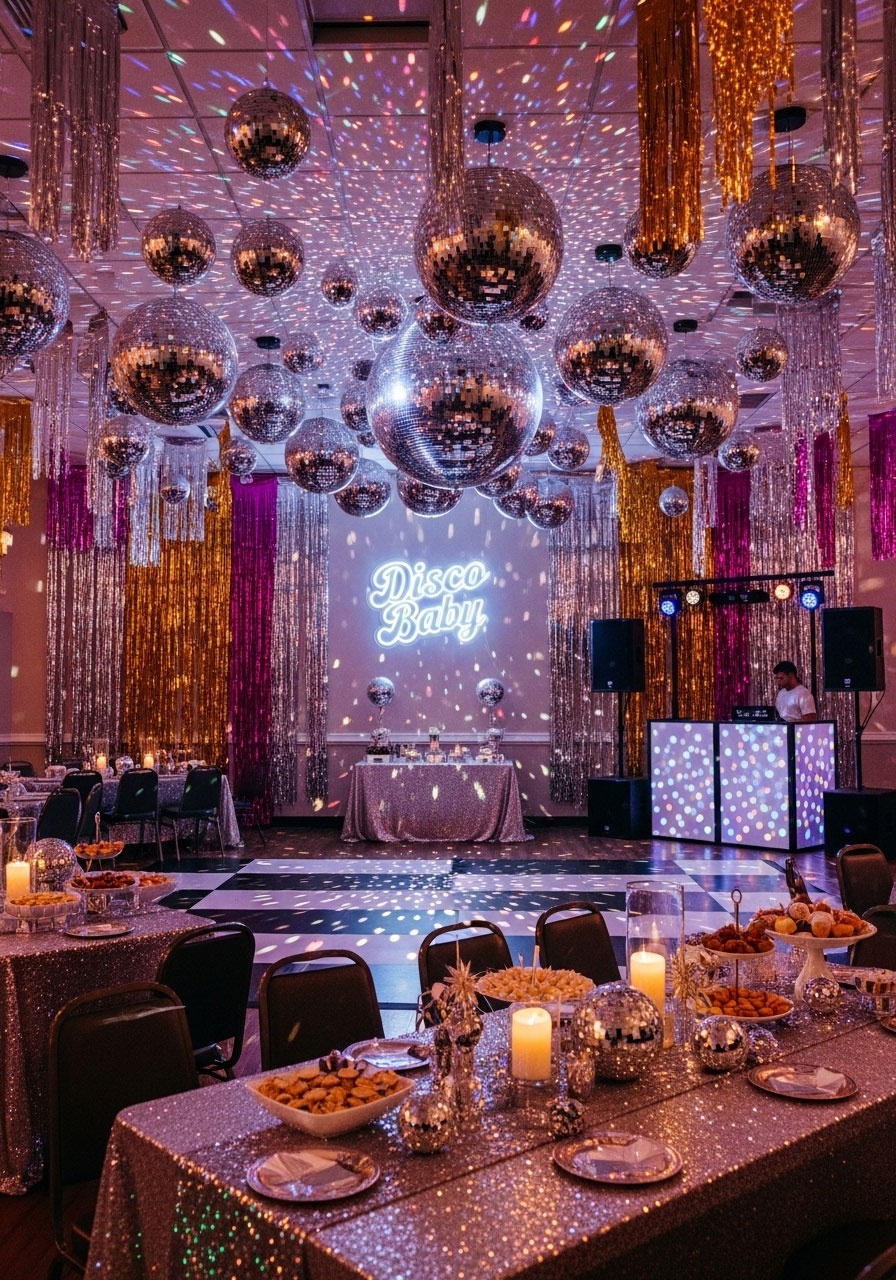 Funky disco baby gender neutral shower with disco balls, neon signs, and metallic streamers for high-energy groovy fun